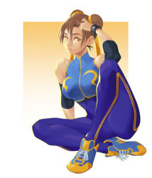 Rule 34 | 1girl, benalki, blue footwear, bodysuit, border, breasts, brown hair, capcom, chun-li, commentary, cropped vest, double bun, elbow pads, english commentary, full body, hair bun, hair ribbon, hand in own hair, lips, looking at viewer, medium breasts, nose, official alternate costume, on floor, outside border, purple bodysuit, red eyes, ribbon, shoes, short hair, sitting, sneakers, solo, street fighter, street fighter zero (series), studded bracelet, unitard, vest, white border, yellow background, yellow footwear, yellow ribbon