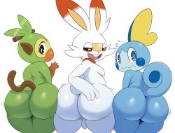 Rule 34 | 2others, ass, ass-to-ass, ass press, bandaid, bandaid on face, blue eyes, breasts, buck teeth, creatures (company), eric lowery, furry, game freak, gen 8 pokemon, grey eyes, grookey, half-closed eyes, highres, huge ass, looking back, medium breasts, multiple others, nintendo, nude, open mouth, orange eyes, plump, pokemon, pokemon (creature), pokemon swsh, presenting, scorbunny, simple background, smile, sobble, tail, take your pick, teeth, testicles, wavy mouth, white background, wide hips