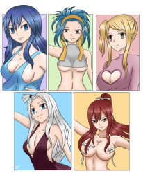 Rule 34 | 5girls, aqua eyes, aqua hair, arm at side, arm up, armpits, arms at sides, artist request, bandages, bangs pinned back, bare shoulders, blonde hair, blue background, blue dress, blue eyes, breast cutout, breasts, brown eyes, cleavage, cleavage cutout, clothing cutout, collarbone, comparison, convenient censoring, crop top, dress, empty eyes, erza scarlet, eyelashes, facing away, facing viewer, fairy tail, green background, grey tank top, hair between eyes, hair censor, hair ornament, hair over breasts, hairband, hand on own hip, happy, heart cutout, high collar, high ponytail, highres, japanese clothes, juvia lockser, large breasts, levy mcgarden, long hair, long sleeves, looking at viewer, looking away, lucy heartfilia, midriff, mirajane strauss, multiple girls, navel, neck, no bra, parted bangs, pink background, pink shirt, ponytail, purple background, purple dress, red hair, sarashi, seductive smile, shirt, short hair, side ponytail, sideboob, sidelocks, simple background, sleeveless, sleeveless dress, smile, standing, sundress, take your pick, tank top, traditional clothes, underboob, underboob cutout, very long hair, white hair, yellow background, yellow eyes, yellow hairband