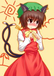 Rule 34 | 1girl, animal ears, blush, brown eyes, brown hair, cat ears, cat tail, chen, ear piercing, hat, highres, jewelry, kogiri (artist), multiple tails, nekomata, piercing, solo, tail, touhou, two tails