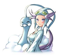 Rule 34 | 1girl, altaria, blue bodysuit, blush, bodysuit, breasts, cleavage, cleavage cutout, closed mouth, clothing cutout, creatures (company), from side, game freak, gen 3 pokemon, helmet, highres, long hair, long sleeves, looking at viewer, medium breasts, nintendo, pinguinkotak, pokemon, pokemon (creature), pokemon oras, purple eyes, purple hair, smile, white background, winona (pokemon)