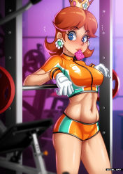 Rule 34 | 1girl, absurdres, blue eyes, blush, breasts, brown hair, condom, gym, highres, large breasts, lipstick, looking at viewer, makeup, mario (series), midriff, mouth hold, navel, nintendo, princess, princess daisy, short hair, shorts, smile, soccer uniform, solo, sportswear, super mario strikers, sweat, the accel, toned