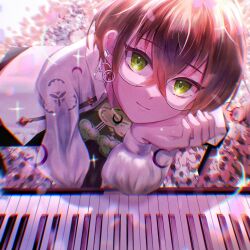 Rule 34 | 1boy, absurdres, androgynous, azusawa mito, brown hair, child, clock over orquesta, closed mouth, earrings, glasses, green eyes, head rest, highres, instrument, jewelry, looking at viewer, male focus, piano, shade (pixiv76516821), short hair, smile, solo
