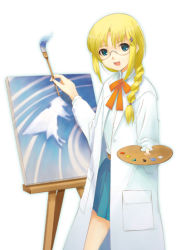 Rule 34 | 1girl, aqua eyes, blonde hair, bow, braid, canvas (object), dasoku sentarou, easel, glasses, lab coat, open mouth, original, paintbrush, painting (action), painting (object), palette (object), ribbon, smile, solo