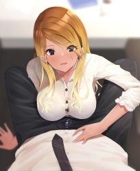 Rule 34 | 1boy, 1girl, absurdres, amrita (amber78gou), between legs, black eyes, blonde hair, blurry, blurry background, bra, bra peek, breasts, button gap, collared shirt, commentary request, dark-skinned female, dark skin, desk, earrings, gradient hair, highres, idolmaster, idolmaster shiny colors, izumi mei, jewelry, large breasts, long hair, looking at viewer, multicolored hair, necktie, open fly, parted lips, pov, shirt, sleeves rolled up, under table, underwear, white shirt