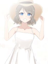 Rule 34 | 1girl, absurdres, blue eyes, brown hair, dress, hat, highres, jewelry, looking at viewer, love live!, love live! sunshine!!, makuraapillow, necklace, short hair, simple background, smile, solo, sun hat, sundress, watanabe you, wavy hair, white background