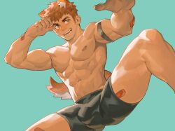 Rule 34 | 1boy, abs, animal ears, aqua background, arm belt, bandaid, bandaid on arm, bandaid on thigh, brown eyes, brown hair, bulge, cowboy shot, dog boy, dog ears, dog tail, eyebrow cut, fangs, fighting stance, from below, hand on own forehead, hand up, highres, looking to the side, male focus, ming feng (disx sleep), nipple piercing, original, pectorals, piercing, short hair, simple background, smile, solo, tail, teeth, toned, toned male, topless male