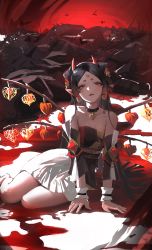 Rule 34 | absurdres, alternate costume, bare shoulders, bat wings, black choker, black hair, blood, choker, cuffs, detached sleeves, facial mark, forehead mark, heart, heart wings, highres, hikimayu, horns, kyuuketsu hime, looking at viewer, naughty face, onmyoji, open mouth, parted bangs, parted lips, pleated skirt, pointy ears, red horns, shirt, sishima, sitting, skirt, strapless, strapless shirt, vampire, wings