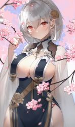 Rule 34 | 1girl, absurdres, azur lane, blush, braid, branch, breast curtains, breasts, cherry blossoms, china dress, chinese clothes, cleavage, dress, flower, garter straps, grey dress, gulu qaq, hair flower, hair ornament, highres, large breasts, looking at viewer, official alternate costume, pelvic curtain, red eyes, revealing clothes, ribbon between breasts, short hair, side braid, sirius (azur lane), sirius (azure horizons) (azur lane), solo, white hair