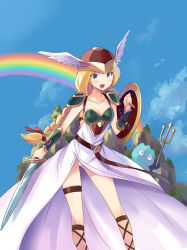 Rule 34 | 1girl, :d, armor, blonde hair, blue eyes, braid, green armor, hat, highres, holding, long legs, looking at viewer, open mouth, ponytail, shield, single braid, smile, sword, usatsuka eiji, valkyrie (p&amp;d), valkyrie (vnd), valkyrie no densetsu, weapon