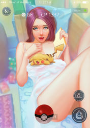 Rule 34 | 1girl, absurdres, artist name, book, character request, commentary, creatures (company), english commentary, game freak, gen 1 pokemon, highres, holding, holding book, long sleeves, looking at viewer, mars foong, nintendo, open mouth, parted lips, pikachu, pillow, pink lips, poke ball, pokemon, pokemon (creature), pokemon go, purple hair, straight hair, teeth
