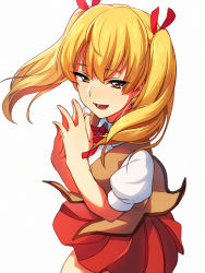 Rule 34 | 1girl, asada hachi, blonde hair, blush, brown vest, commentary request, dated commentary, floating hair, hair ribbon, long hair, open mouth, orange eyes, own hands together, pleated skirt, red ribbon, red skirt, ribbon, sawachika eri, school rumble, school uniform, shirt, simple background, skirt, smile, solo, twintails, upper body, vest, white background, white shirt
