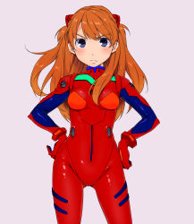 Rule 34 | &gt;:(, 1girl, angry, blue eyes, blush, bodysuit, bracer, breasts, cowboy shot, frown, gloves, hair ornament, hands on own hips, highres, interface headset, kari (kakko k), long hair, looking at viewer, neon genesis evangelion, orange hair, parted bangs, pilot suit, plugsuit, simple background, small breasts, solo, souryuu asuka langley, turtleneck, v-shaped eyebrows