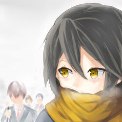 Rule 34 | 1girl, absurdres, black hair, covered mouth, highres, inaba himeko, kokoro connect, pei (andrew1998), scarf, short hair, winter, yellow eyes, yellow scarf