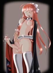 Rule 34 | 1girl, bar censor, breasts, cape, censored, cum, detached sleeves, erection, extra penises, closed eyes, fangs, futanari, medium breasts, multiple penises, nipples, open mouth, penis, pointless censoring, red hair, solo, thighhighs, transparent censoring, vampire, yozora