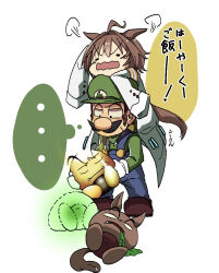 Rule 34 | ..., 1boy, 1girl, agnes tachyon (umamusume), animal ears, black eyes, blue overalls, brown hair, carrying, commentary, crossover, drooling, facial hair, gloves, goomba, green hat, green shirt, hat, holding, horse ears, horse girl, horse tail, lab coat, long sleeves, luigi, mario (series), mustache, nintendo, open mouth, overalls, piggyback, shirt, short hair, simple background, sleeves past fingers, sleeves past wrists, solid circle eyes, spoken ellipsis, sweatdrop, tail, thought bubble, toriken (zzra4732), translation request, umamusume, white background, white gloves