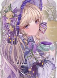 Rule 34 | 1girl, black bow, black bowtie, blunt bangs, blush, bonnet, bow, bowtie, brown hair, closed mouth, cup, dot nose, drink, english text, flower, from side, hat, hat flower, highres, holding, holding drink, komorihikki, lavender (flower), lips, lolita fashion, long bangs, long hair, long sleeves, looking at viewer, nail polish, original, purple bow, purple eyes, purple hat, purple nails, saucer, shirt, sidelocks, solo, teacup, twintails, upper body, white shirt