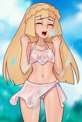 Rule 34 | 1girl, bikini, blonde hair, blunt bangs, blush, braid, cameltoe, clenched hands, closed eyes, collarbone, creatures (company), crown braid, feet out of frame, female focus, flat chest, game freak, highres, lillie (pokemon), long hair, loodncrood, navel, nintendo, open mouth, pokemon, pokemon (anime), pokemon sm (anime), see-through, see-through swimsuit, standing, swimsuit, teeth, thighs, tongue, uncensored, upper teeth only, water drop, wet, wet clothes, wet swimsuit, white bikini