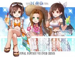 3girls aerith_gainsborough animated bikini bouncing_breasts breasts brown_eyes brown_hair earrings final_fantasy final_fantasy_vii final_fantasy_vii_ever_crisis green_eyes hair_ribbon hat jewelry large_breasts live2d long_hair multiple_girls navel necklace red_eyes ribbon sarong swimsuit tagme tifa_lockhart tifa_lockhart_(passion_mermaid) video yuffie_kisaragi yuffie_kisaragi_(summer_moogle)