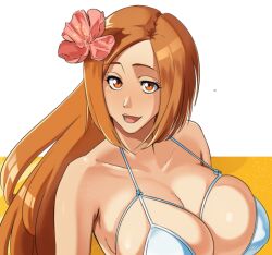 1girl bare_shoulders bikini bleach bleach:_epilogue blush breasts brown_eyes castell cleavage collarbone huge_breasts inoue_orihime long_hair official_alternate_costume open_mouth orange_hair swimsuit upper_body white_bikini