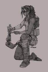 Rule 34 | 1girl, artist name, backpack, bag, breasts, cyborg, dark skin, dark-skinned female, exoskeleton, eyeshadow, friendly mutton chops, full body, goggles, goggles on head, grey background, greyscale, highres, impforhire, lips, makeup, mechanical arms, monochrome, nose, on one knee, original, pants, ponytail, prosthesis, prosthetic leg, repairing, science fiction, single mechanical arm, small breasts, solo, toned, torn clothes, torn pants, wrench