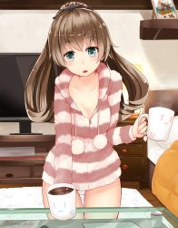Rule 34 | 1girl, alternate costume, aqua eyes, bad id, bad pixiv id, bed, breasts, brown hair, casual, coffee, coffee mug, collarbone, cup, framed image, glass table, hair ornament, holding, holding cup, hood, hoodie, indoors, jacket, kantai collection, kumano (kancolle), long hair, looking at viewer, loungewear, mat, medium breasts, mug, narushima kanna, open mouth, panties, pantyshot, picture frame, pom pom (clothes), ponytail, solo, standing, striped clothes, striped hoodie, striped jacket, suzuya (kancolle), table, television, twitter username, underwear, white panties