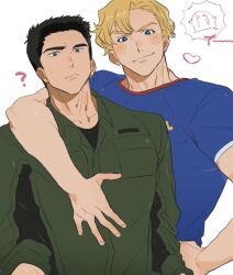 Rule 34 | 2boys, ?, ao isami, arm around neck, black hair, blonde hair, blush stickers, couple, doodle inset, facial hair, highres, lewis smith, male focus, multiple boys, sideburns stubble, stubble, thick eyebrows, upper body, white background, yaoi, yarou first, yuuki bakuhatsu bang bravern