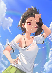 Rule 34 | 1girl, absurdres, arm up, azur lane, bangs pinned back, bare shoulders, black bra, black hair, black headband, blue sky, bra, breasts, clothes writing, cloud, collarbone, commentary, cooper (azur lane), cooper (blazing tennis battle) (azur lane), day, eir, green skirt, hachimaki, hand on forehead, hand on own hip, headband, highres, looking at viewer, off-shoulder shirt, off shoulder, parted lips, pink eyes, pleated skirt, rainbow, see-through, shirt, short hair, short sleeves, single sidelock, skirt, sky, small breasts, smile, solo, standing, sunlight, sweat, underwear, upper body, wet, wet clothes, wet shirt, white shirt, wristband