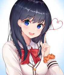 Rule 34 | 1girl, absurdres, bad id, bad pixiv id, black hair, blue eyes, blush, bow, breasts, cardigan, commentary request, gridman universe, heart, highres, lebring, long hair, long sleeves, looking at viewer, medium breasts, orange scrunchie, red bow, scrunchie, shirt, skirt, smile, solo, ssss.gridman, takarada rikka, white shirt