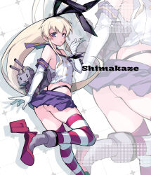 Rule 34 | 1girl, ass, black neckerchief, black panties, blonde hair, blue sailor collar, blue skirt, blush, breasts, character name, crop top, elbow gloves, gloves, highleg, highleg panties, highres, kantai collection, long hair, neckerchief, panties, parted lips, pleated skirt, purple eyes, rensouhou-chan, rudder footwear, ryuu tou, sailor collar, school uniform, serafuku, shimakaze (kancolle), skirt, sleeveless, small breasts, striped clothes, striped thighhighs, thighhighs, underwear, white gloves, zoom layer