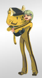 Rule 34 | 10s, 1girl, blonde hair, cabbie hat, green eyes, green hair, hat, huang baoling, matching hair/eyes, shoes, short hair, sneakers, solo, stuffed animal, stuffed tiger, stuffed toy, tiger &amp; bunny, vest, waistcoat, wbfish, yellow eyes