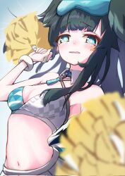 Rule 34 | 1girl, alternate breast size, animal ears, armpits, bare shoulders, black hair, blue archive, blue eyes, blunt bangs, breasts, cheerleader, cleavage, crop top, dog ears, dog girl, dog tail, eyewear on head, goggles, goggles on head, halo, halterneck, hibiki (blue archive), hibiki (cheer squad) (blue archive), highres, holding, holding pom poms, long hair, meluwow, millennium cheerleader outfit (blue archive), navel, official alternate costume, parted bangs, pom pom (cheerleading), pom poms, simple background, small breasts, solo, star sticker, sticker on face, tail, wavy mouth, white background, yellow halo
