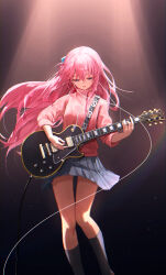 Rule 34 | 1girl, absurdres, black background, black skirt, black socks, blue eyes, bocchi the rock!, breasts, commentary, cube hair ornament, earphones, electric guitar, facing viewer, feet out of frame, gibson les paul, gotoh hitori, guitar, hair between eyes, hair ornament, highres, holding, holding instrument, instrument, jacket, light particles, long hair, long sleeves, looking at object, music, open mouth, pink hair, pink jacket, playing instrument, pleated skirt, simple background, skirt, small breasts, socks, solo, spotlight, standing, toi1et paper, track jacket