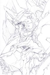 Rule 34 | close-up, eiji (tfkn2723), from side, graphite (medium), greyscale, gundam, gundam seed, highres, justice gundam, looking up, mecha, monochrome, no humans, redesign, robot, sketch, solo, traditional media, v-fin