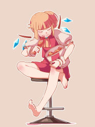 Rule 34 | 1girl, ascot, bar stool, barefoot, blonde hair, blunt bangs, brooch, bucket, chicken (food), closed eyes, eating, fangs, feet, flandre scarlet, fried chicken, highres, jewelry, nail polish, no headwear, pointy ears, puffy short sleeves, puffy sleeves, short sleeves, side ponytail, simple background, sitting, skirt, skirt set, solo, stool, touhou, wings, wrist cuffs, yoruny