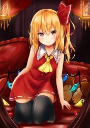 Rule 34 | 1girl, adapted costume, ascot, bare arms, bare shoulders, black thighhighs, blonde hair, blush, breasts, candle, commentary request, crystal, curtains, dress, flandre scarlet, frilled pillow, frilled shirt collar, frills, full body, hair between eyes, hair ribbon, hand on own hip, indoors, kneeling, long hair, looking at viewer, no headwear, no shoes, one side up, partial commentary, pillow, red dress, red eyes, red ribbon, red theme, renka (cloudsaikou), ribbon, short dress, sitting, sleeveless, sleeveless dress, small breasts, smile, solo, stuffed animal, stuffed toy, teddy bear, thighhighs, thighs, touhou, wing collar, wings, yellow ascot, zettai ryouiki