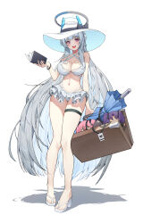 Rule 34 | 1girl, absurdres, alternate costume, bare shoulders, bikini, bikini skirt, blue archive, book, breasts, character doll, cleavage, collarbone, contrapposto, criss-cross halter, dithering, feet, frilled bikini, frills, full body, grey hair, halo, halterneck, hat, headphones, high heels, highres, holding, holding book, josal, koyuki (blue archive), large breasts, legs, long hair, looking at viewer, mechanical ears, mechanical halo, navel, noa (blue archive), open mouth, purple eyes, sandals, sidelocks, simple background, smile, solo, standing, stomach, suitcase, sun hat, swimsuit, thigh strap, toenails, toes, very long hair, white background, white bikini, white footwear, white hair, white hat, yuuka (blue archive)
