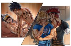 Rule 34 | 4boys, amputee, arm tattoo, back, back tattoo, bed, black hair, blonde hair, blush, caught, earrings, eustass kid, facial hair, goatee, handjob, hat, highres, imminent penetration, jewelry, killer (one piece), long hair, looking at another, lying, male focus, male underwear, multiple boys, muscular, muscular male, nail polish, nipples, one piece, penguin (one piece), penis, red hair, scar, short hair, shoulder tattoo, smile, sweat, tattoo, tipe (mementomoli), trafalgar law, underwear, watching, yaoi