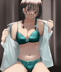 Rule 34 | 1girl, :o, blouse, blush, bow, bow bra, bow panties, bra, breasts, brown eyes, brown hair, cleavage, collarbone, curtains, glasses, green bow, green bra, highres, lace, lace-trimmed bra, lace panties, lace trim, long sleeves, looking to the side, low twintails, mole, mole on breast, mole under eye, nail polish, navel, no pants, open clothes, open mouth, open shirt, original, panties, shirt, small breasts, solo, tama (tamago), twintails, underwear, undressing, white shirt