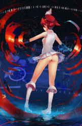 Rule 34 | 1girl, ass, boots, elbow gloves, from behind, gloves, hat, hat feather, highres, isshiki akane, knee boots, miniskirt, no panties, palette suit, pigeon-toed, pleated skirt, red hair, skirt, softmode, solo, uncensored, vividred operation