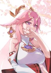 Rule 34 | 1girl, animal ears, bare shoulders, breasts, covering own mouth, detached sleeves, earrings, fox ears, genshin impact, hair ornament, highres, jewelry, large breasts, lempika, long hair, looking to the side, necklace, pendant, pink hair, purple eyes, red skirt, sidelocks, skirt, sleeveless, solo, very long hair, wide sleeves, yae miko