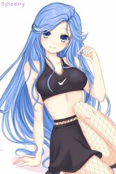 Rule 34 | 1girl, artist name, bare arms, black skirt, black tank top, blue eyes, blue hair, borrowed character, breasts, closed mouth, commentary, english commentary, fishnet pantyhose, fishnets, long hair, looking at viewer, medium breasts, midriff, bae minah (chaesu), nike (company), nike logo, original, pantyhose, sitting, skirt, smile, solo, spleeny, tank top, white background