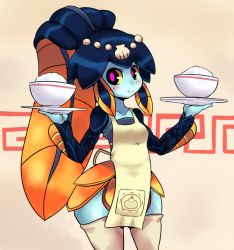 Rule 34 | 1girl, apron, balancing, blue skin, blunt bangs, blush, bowl, chelo-stracks, colored sclera, colored skin, fins, fish girl, food, hair ornament, minette (skullgirls), monster girl, pink eyes, plate, purple eyes, rice, scales, shell, skullgirls, smile, solo, thighhighs, tray, waitress, wide hips, yellow sclera