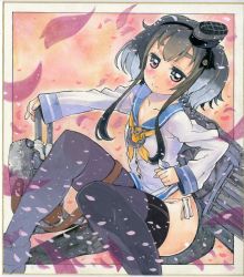 Rule 34 | 10s, 1girl, alternate legwear, black hair, black thighhighs, blush, brown eyes, cherry blossoms, eyebrows, flat chest, hairband, hat, kantai collection, marker (medium), mini hat, nagy, panties, petals, sailor collar, shikishi, short hair with long locks, side-tie panties, sitting, sleeves past wrists, smile, solo, thick eyebrows, thigh strap, thighhighs, tokitsukaze (kancolle), traditional media, underwear, white panties