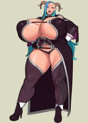 Rule 34 | 1girl, absurdres, aqua hair, blue hair, breasts, cleavage, curvy, demon girl, full body, gigantic breasts, gradient hair, hidarikiki, highres, horns, long hair, looking at viewer, multicolored hair, parted lips, pink eyes, pointy ears, smile, solo, standing, thick thighs, thighs, wide hips