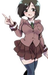 Rule 34 | 1girl, :q, arm at side, black eyes, black hair, black thighhighs, blazer, blunt ends, blush, bob cut, breasts, brown skirt, closed mouth, commentary, cowboy shot, crossed legs, green necktie, hand up, heybot!, highres, index finger raised, jacket, large breasts, light smile, long sleeves, looking at viewer, lowered eyelids, minemitsu, miniskirt, necktie, pleated skirt, pointing, pointing up, purple jacket, school uniform, shirt, short hair, simple background, sketch, skirt, smile, solo, standing, swept bangs, thighhighs, tongue, tongue out, vocamente yuuko, white background, white shirt, zettai ryouiki