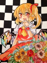 Rule 34 | 1girl, ascot, blonde hair, blue flower, blush, bouquet, checkered background, crystal, fang, flandre scarlet, flower, frilled shirt collar, frilled sleeves, frills, hair ribbon, leaf, looking at viewer, medium hair, moyashi (shinonome), multicolored wings, no headwear, one side up, open mouth, orange flower, pink flower, pink rose, pointy ears, puffy short sleeves, puffy sleeves, purple flower, red eyes, red flower, red ribbon, red rose, red skirt, red vest, ribbon, rose, shirt, short sleeves, skirt, skirt set, solo, touhou, vest, white shirt, wings, wrist cuffs, yellow ascot, yellow flower