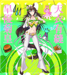 Rule 34 | 1girl, ahoge, animal ears, aqua eyes, arm strap, bare shoulders, black footwear, blouse, blush, brown hair, burger, choker, collarbone, commentary request, crop top, cup, disposable cup, food, fukami (trash sp), full body, gradient background, green background, green shirt, hair between eyes, hat, heart, heart hands, high heels, highres, horse ears, jacket, long hair, long sleeves, looking at viewer, midriff, mini hat, mini top hat, mr. c.b. (umamusume), navel, open clothes, open jacket, pants, shirt, single sleeve, smile, solo, standing, stomach, strapless, strapless shirt, tail, top hat, translation request, umamusume, very long hair, white hat, white jacket, white pants, wrist cuffs, yellow background, yellow choker