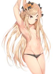 Rule 34 | 1girl, :&lt;, abigail williams (fate), arm up, armpits, black panties, blonde hair, blush, bow, breasts, brown eyes, cowboy shot, fate/grand order, fate (series), groin, hair bow, hair censor, hair over breasts, highres, keyhole, long hair, looking at viewer, panties, parted bangs, sidelocks, silver (chenwen), simple background, small breasts, solo, topless, underwear, underwear only, very long hair, white background