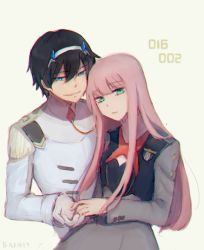 Rule 34 | 10s, 1boy, 1girl, alternate costume, benelle, black hair, commentary, couple, darling in the franxx, fringe trim, gloves, hair ornament, hairband, hetero, hiro (darling in the franxx), holding hands, horns, long hair, looking at viewer, military, military uniform, necktie, oni horns, pink hair, red neckwear, role reversal, short hair, signature, uniform, white gloves, white hairband, zero two (darling in the franxx)